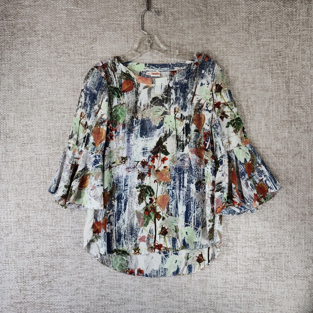 Tianello 100% Silk Pullover Bell Sleeve Blouse Top Womens XS Artsy Colorful